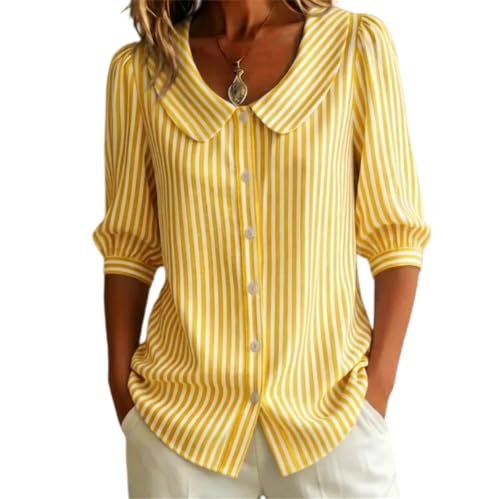 Chemise d'été pour femme rayée à manches bouffantes et col Peter Pan