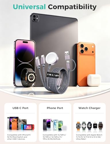 Image of Travel Essentials,3 in 2 USB C Cable for Apple Watch Charger,iPhone Charger,Multi Charging Cable,Cruise Vacation Camping Essentials for iWatch Series 11-2 /Ultra,iPhone 17-12,Car Accessories,Grey-6FT