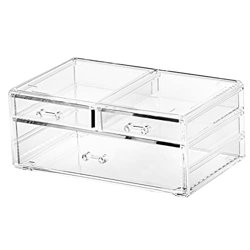 Cq acrylic 1 Pack Clear Stackable Storage Drawers for Vanity,Stackable 3 Drawers Desktop Organizer With Drawers,Cute Desk Storage for Office,Jewelry,Hair Clip,Beauty,Skincare and Make Up Organizers