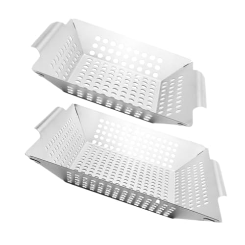 Yardwe 2 Piezas cesta de barbacoa A la parrilla cocinando cacerola barbacoa exterior planchas de asar cómodas cestas para barbacoa cestas de barbacoa caseras acero inoxidable 430 Silver