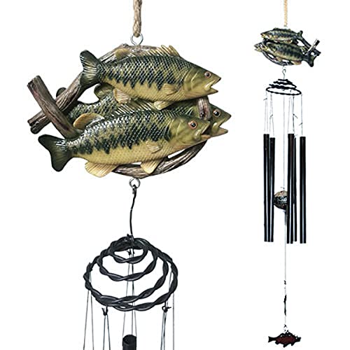 Ebros Rustic Nautical Marine Freshwater Striped Bass Fish Family Figurine Top Resonant Wind Chime with Aluminum Rods and Fish Ornament Garden Patio Home Accent for Fishers Anglers Fishing Fans