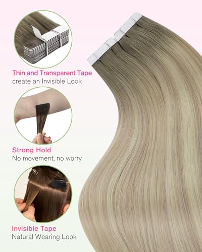 Image of YoungSee Human Hair Tape in Extensions Blonde, Balayage Tape in Hair Extensions, Ash Blonde Ombre Platinum Blonde, Invisible Tape-in Hair Extension, for All-day Wear, 18 Inch 50g 20pcs