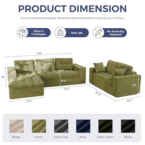 Image of MAXYOYO Modular Sectional Sofa with Ottoman and Loveseat, Cloud Boneless Couch with Layered Cushion, Flexible Module Combination Sofa for Living Room, No Assembly Required,Green
