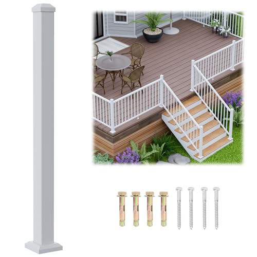 Image of Egadis 1 Pack 2.56 in x 2.56 in x 39 in White Aluminum Railing Post | 10mm Thickend Welded Base, Textured AAMA2604 Finish Modualr Railing Post for Decks, Porches & Balconies (1x 39in Post)