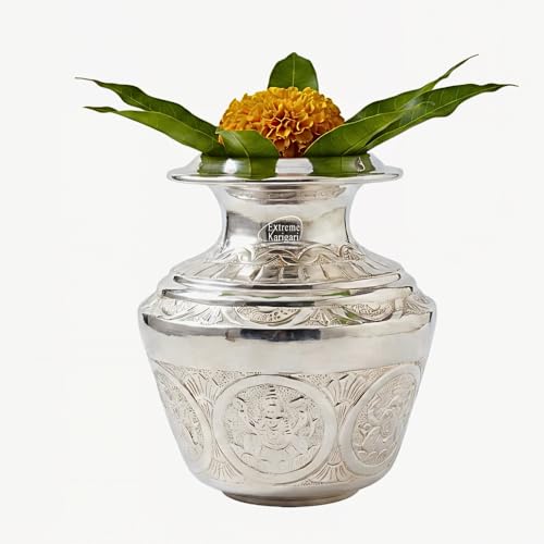 Image of Brass Ashtalakshmi 7 Inch German Silver Finish Kalash 2Ltr Capacity Puja Lota for Pooja Mangal Pot for Home Temple Decoration Hindu Religious Water Vessel
