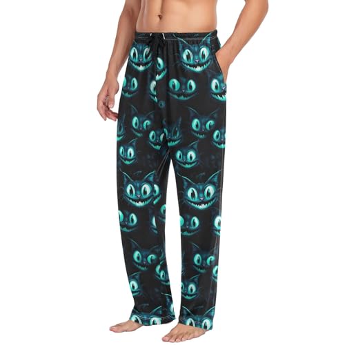 Men’s Blue Neon Cat Eye Pajama Pants with Pockets, Comfortable Lounge Sleep Bottoms#7554