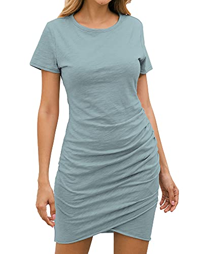 BTFBM Women s 2022 Casual Crew Neck Short Sleeve Ruched Stretchy Bodycon T Shirt Short Mini Dress (104Blue, Medium)