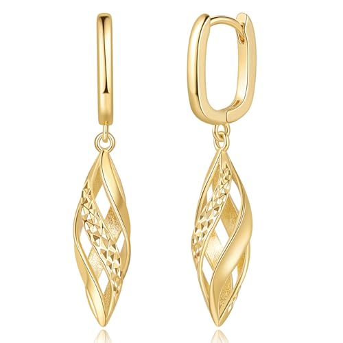 Gold Hoop Earrings 14K Gold Hoop Earrings for Women Dangle Drop Earring for Women Rhombic Twisted Hollow Shape Drop Earring for Womens Dangling 40mm
