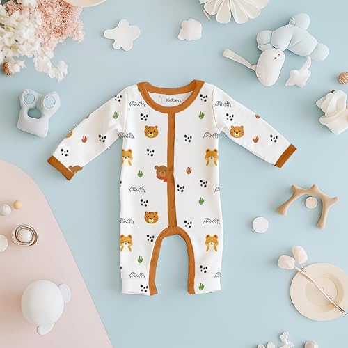 Image of Kidbea Organic Cotton Full Sleeves Romper | Animal & Dino Print Sleepwear (Orange & Olive, 12-18 Months)