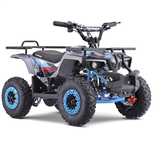 FunBikes Ranger 1000W Premium Nardo Grey/Blue Kids Electric Mini Quad Bike 36V Hi-Torque Motor 3 Speed Modes (Up to 13mph) LED Headlights Disc Brakes Removable Battery