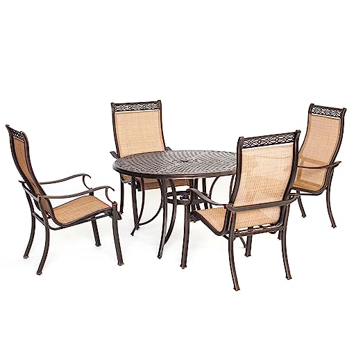 Hanover Manor 5-Piece Outdoor Dining Set with 4 PVC Sling Dining Chairs and Aluminum 48" Round Dining Table, Rust-Resistant Aluminum, All-Weather Patio Dining Set for 4