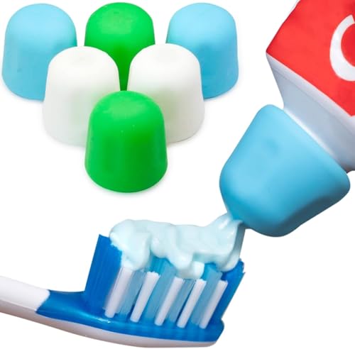 self closing toothpaste caps 6-pack by tilcare - no waste cap dispensers for adult and kids bathroom - mess-free toothpaste lids - easy to use food grade silicone and bpa-free toppers