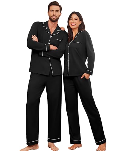 Ekouaer Matching Pajamas for Couples Breathable Cotton Sleepwear for Women Pockets Long Pjs Nightwear Set,Black,L