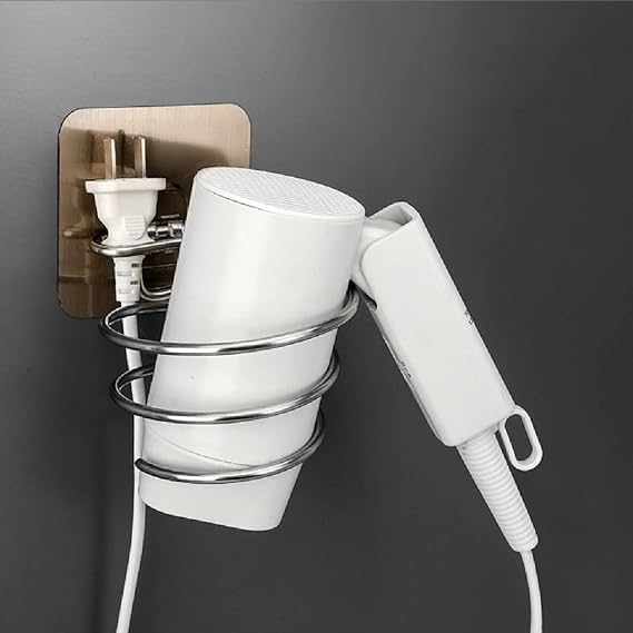 Image of Wall Mounted Hair Dryer Holder - Self Adhesive No-Drill Bathroom Organizer Rack for Dryer, Straightener & Combs (SILVER) (1)