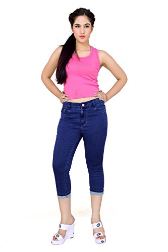 Image of FCK-3 Stretchable Denim Solid Mid Waist Knee Length Button Closure 5 Pocket Capree for Women