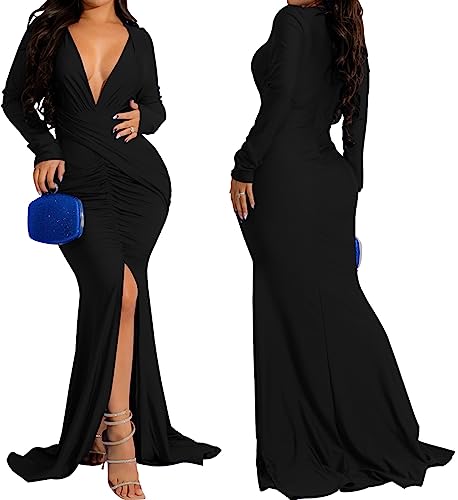 Image of Women's Elegant Formal Mermaid Maxi Dress Off Shoulder Long Sleeve Wedding Split Evening Gown Prom Cocktail Party Dresses