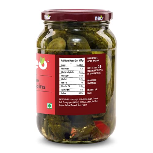 Image of Neo Whole Gherkins 480g I Pack of 1 I 100% Plant Based I Low Fat Sweet and Crunchy Pickles, Ready to Eat I Enjoy with Nachos, Make a Healthy Salad at home