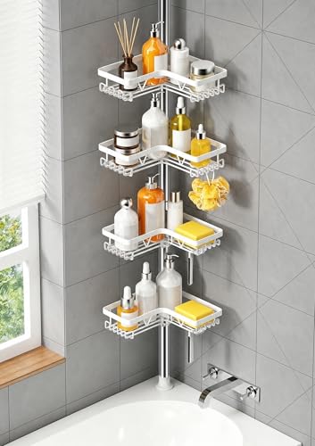 KEGII Étagère de Douche 4 Étages Blanc Brillant - Support Télescopique 63.5-290 cm Sans Percage, Organisateur de Salle de Bain avec Paniers à Crochets,...