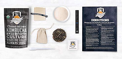 1-Gallon Kombucha Brewing Starter Kit | Usda Organic Kombucha Scoby- Pellicle With 1.5 Cups Starter Tea | Organic Sugar | Organic Tea Blend| Thermometer | Ph Strips | Breathable Cover And Rubber Band #TOP1