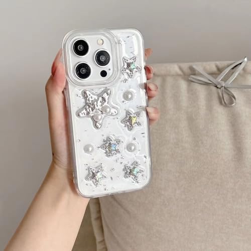 Image of COVERLY for iPhone 15 3D Luxury Sea Starfish Resin Phone Case,Trendy Translucent Cute Hard Epoxy Art Crystal Clear -Non Yellowing Love Heart Star Embossed Pearl Princess Cover for Apple iPhone 15