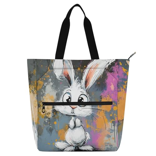 Sac fourre-tout lapin blanc en toile lavable avec poches pour l'école et les loisirs