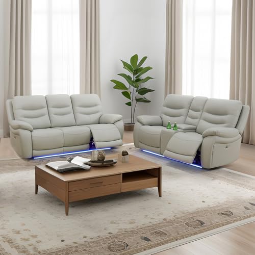 SIENWIEY Leather Power Recliner Sofa Set with LED Light, Recliner Sofa and Loveseat Set for Living Room, Power Reclining Sofa Couch Set with USB Charging and Cup Holders，Sofa and Loveseat