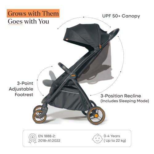 Image of Loopie Hop 1 Hand Fold Travel Friendly Compact CABIN Stroller for 0-4 Years | 3 position RECLINE Seat with SLEEPING position | SUN Protection UPF 50+ Canopy | 5 Point Safety HARNESS | 360 Wheels | 5 KG storage BASKET | WASHABLE Oxford Cotton fabric | MOSQUITO NET | Self-standing | 1 year WARRANTY | Black