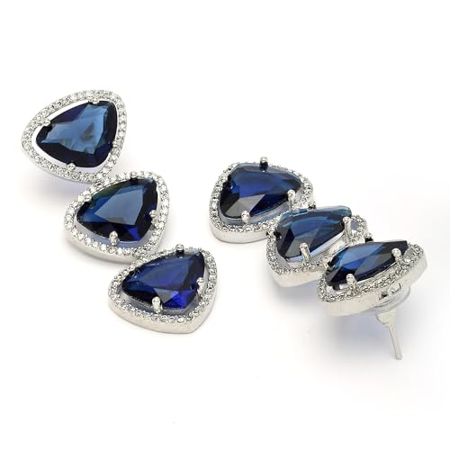 Image of ZENEME Rhodium Plated Silver Toned Triangular Shaped American Diamond Studded Jewellery Set For Women and Girl