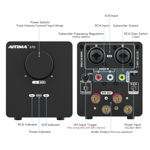 AIYIMA A70 Balanced Stereo Amplifier with PFFB,TPA3255 2 Channel Class D Amp for Desktop Home Theater Bookshelf Speaker,with XLR&RCA Inputs&Trigger Input (A70 + DC48V 5A Power Adapter) by AIYIMA - Image 2