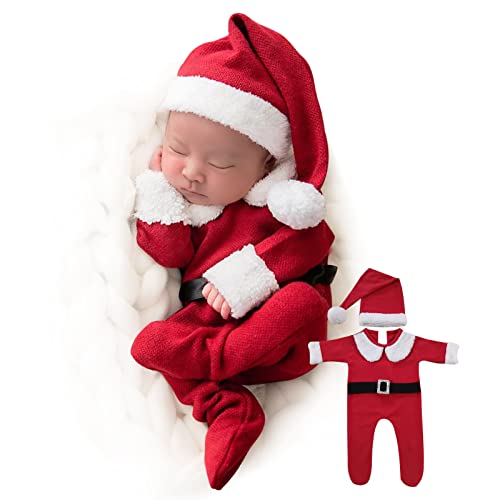 Image of ForBaysy Newborn Baby Christmas Photo Props Outfit Infant Boys Girl Photoshoot Costume Red jumpsuit With Xmas Hat