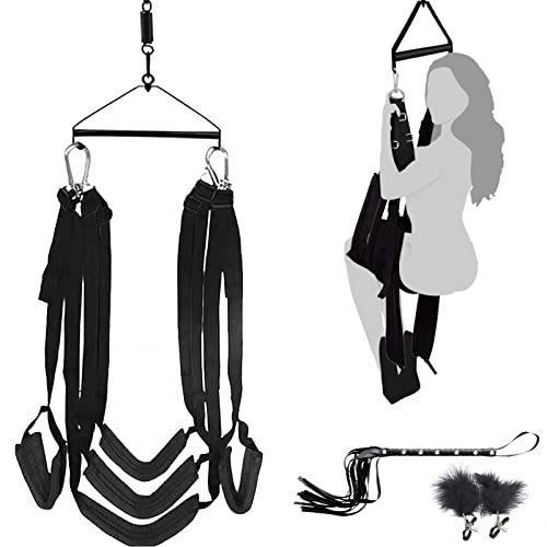 Deluxe Liebesschaukel Kit für die Decke,Sexschaukel mit Nippelklemmen & Peitsche,Belastbar Bis 100kg,Love swing Sex Swing Sexmöbel mit 3 Kopfpolster Lendenpolster Hüftpolster Beinpolster (Schwarz)