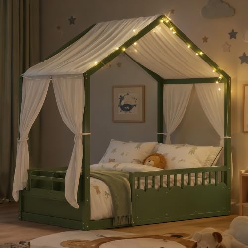 Image of Bellemave Twin House BedFrame with Canopy, Montessori House Bed with LED and Bookshelf and Rails for Kids, Green