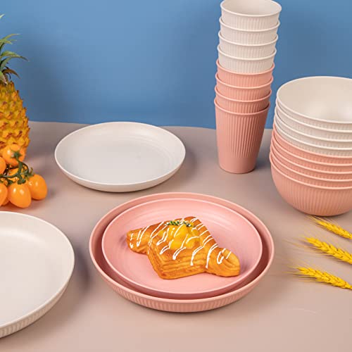Liyh 32Pcs Pink Wheat Straw Dinnerware Sets,Service For 8,Pink And Beige Plates And Bowls Sets,Microwave & Dishwasher Safe,Reusable Dish Set 16Pcs Plates, 8Pcs Bowls, 8Pcs Cups. #TOP6