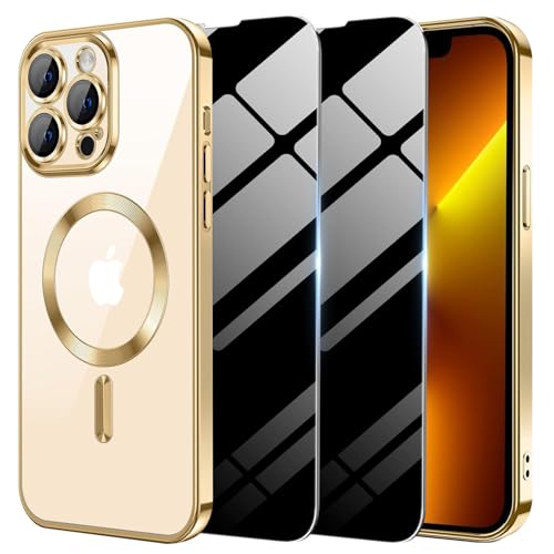 Haiseire Magnetic Case for iPhone 13 Pro Max with 2 Privacy Screen Protector [Compatible with MagSafe] Non-Yellowing Shockproof Protective Phone Case for iPhone 13 ProMax Gold