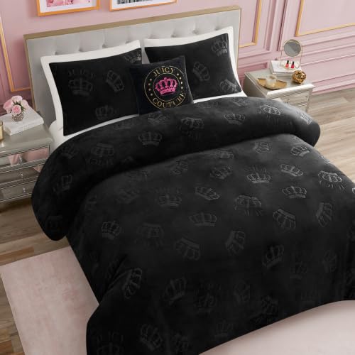 Image of Juicy Couture Plush Reversible Embossed Crown 3-Piece Twin /Twin XL Comforter Set with Decorative Pillow, Black