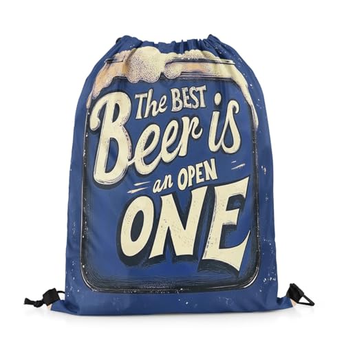 Erosebridal Beer Drawstring Backpack 13x15.7, The Best Beer Is An Open One Drawstring Bags For Sport Gym, Vintage Beer Cans Printed Foldable Draw String Back Bag, Blue Beige Retro String Backpack2