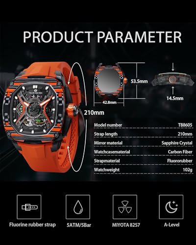 Image of TSAR BOMBA Luxury Mechanical Watches for Men with Carbon Fiber Case Men Wristwatch Luminous 5ATM Water Resistant Men's Watch with Fluorine Rubber Strap Great Gifts for Men
