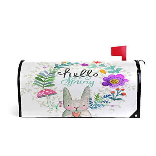 WOOR Hello Spring Cute Rabbit with Flowers Easter Magnetic Mailbox Cover MailWraps Garden Yard Home Decor for Outdoor Standard Size-18