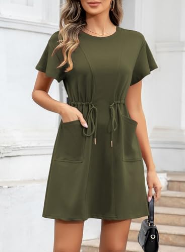 Image of EVALESS Womens Spring Summer Dresses 2026 Casual Round Neck Ruffle Short Sleeve Flowy A Line Mini Dress with Pockets
