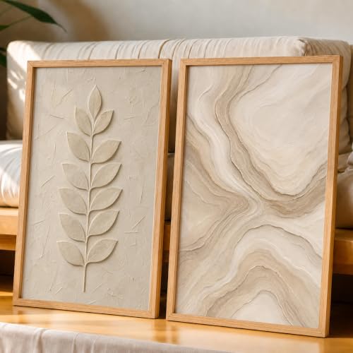 Image of NoWorries Minimal Leaf Wall Painting Set of 2 with Frame | Neutral Beige Botanical Leaf & Abstract Marble Texture Artwork, Modern Nature Wall Decor for Living Room, Bedroom, Office and Home Decoration (Art-4, 17x25inch)