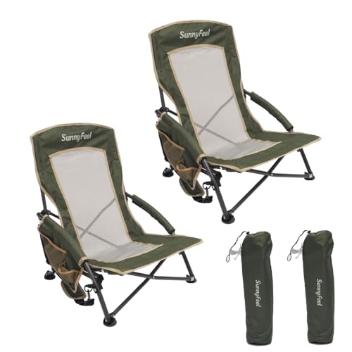 SunnyFeel Low Folding Beach Camping Chair 2 Pack, Portable Backpacking Chairs with Mesh Back,Cup Holder, Compact & Heavy Duty for Adults 300 LBS for Outdoor Picnic Fishing Concert Sand Lawn (2pcGreen)