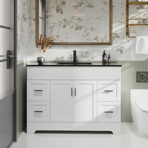 Image of eclife 48 inch Bathroom Vanities Sink Combo with Painted Surface, Modern Drawered Cabinet W /Decorative Wave Lines, Undermount Single Black Sink, Matte Black Faucet Drain, White