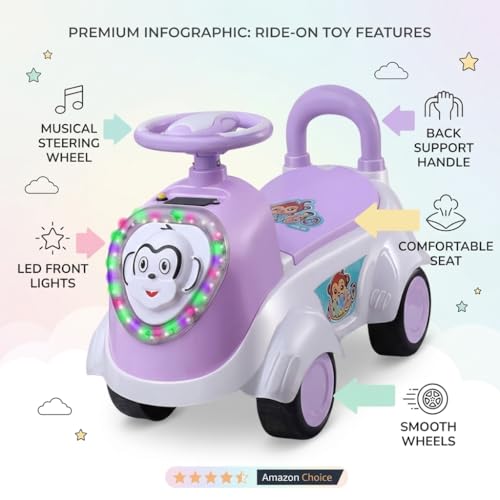 Image of Kids Ride-On Push Car with LED Lights & Steering Wheel - Toddler Ride On Toy Car with Music, Storage Seat & Backrest, Indoor Outdoor Ride Toy for Boys & Girls (Ages 1.5-3)