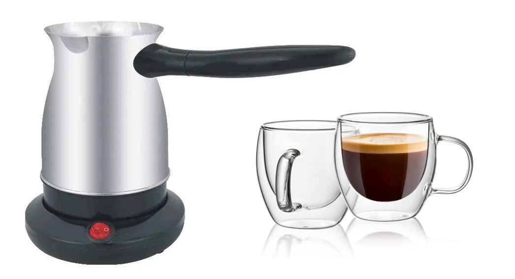 High efficiency Turkish Coffee Maker 600ml ML 5Cups with free Measuring Spoon & Coffee Machine Cleaning Brush & 2 Pcs Double Walled Glass Coffee Mugs with Handle.