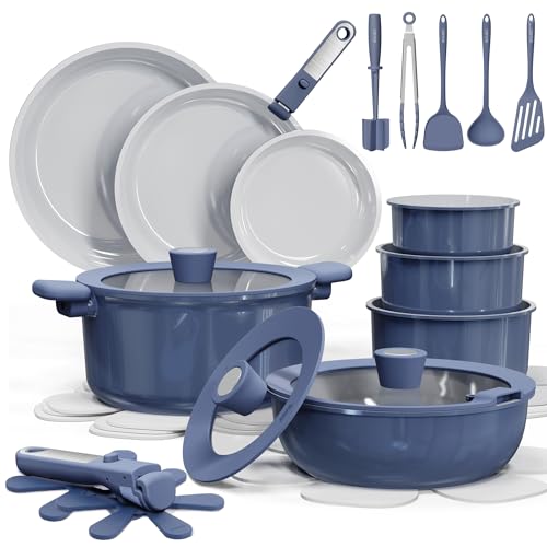 CAROTE 27pcs Ceramic Cookware Navy Blue