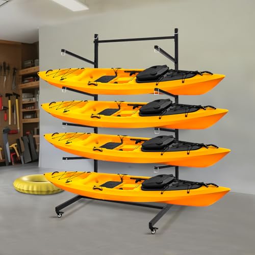 KOKEBREN Kayak Storage Rack, 4 Kayak Storage Racks for Outside, Freestanding Kayak Racks with Wheels, Hooks Adjustable, Non-Slip Eva Pad for Kayak, Canoe, Surfboard, Paddleboard - Thumbnail 7