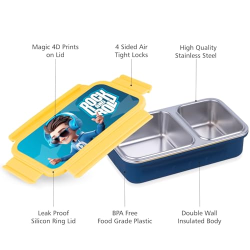 Image of Aliensware 4D Bento Kids Lunch Box with 2 Compartment, Microwave-Safe BPA Free Advance Coating Stainless Steel Kids Lunch Box, Food Grade Tiffin Box for School, College, Picnic, office-500ml(MB02-YEL)