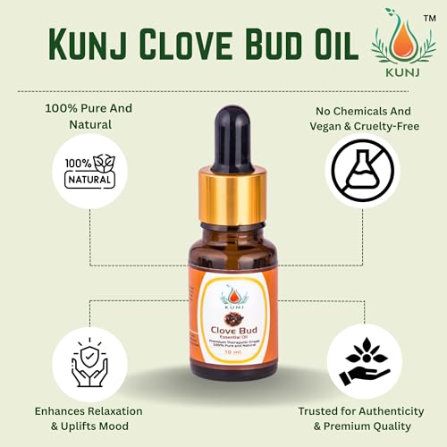 Image of KUNJ Clove Bud Oil (Syzygium aromaticum) 10ML - 100% Pure & Natural, Undiluted, Steam Distilled - Therapeutic Grade Oil for Aromatherapy, Oral Care & Skin Nourishment
