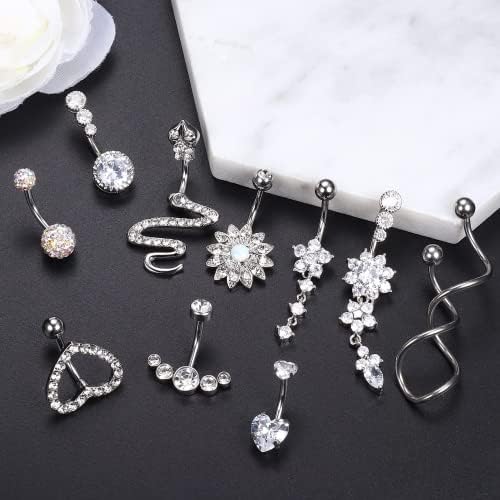 MILACOLATO 10Pcs Navel Piercing Belly Button Bars Kit Dangly Belly Button Bar Surgical Steel Piercing Rings for Women Spiral Snake Heart Reverse Rings CZ Crystal Belly Rings Body Piercing Jewelry