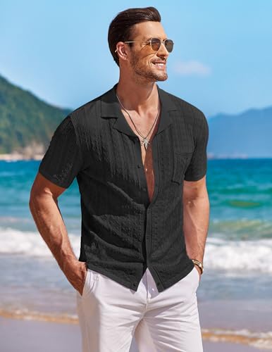 COOFANDY Men's Knit Button Down Shirt Short Sleeve Vintage Polo Shirts Summer Casual Beach Tops2
